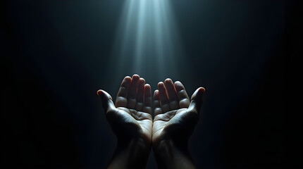 Praying Hands Reaching Up to Divine Light Rays in Dark Setting - Spiritual Hope Faith Prayer Guidance Blessing Receiving God's Light From Above