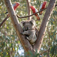 Fototapeta premium A sleepy koala resting in a eucalyptus tree, while cockatoos call loudly from the branches above