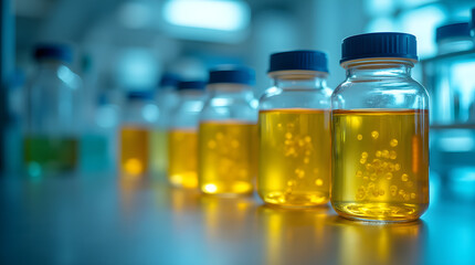 Row of Glass Bottles with Yellow Liquid in Science Lab for Research