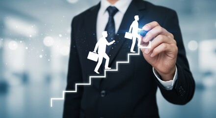 Conceptualization of success path: Businessman drawing staircase for career progress