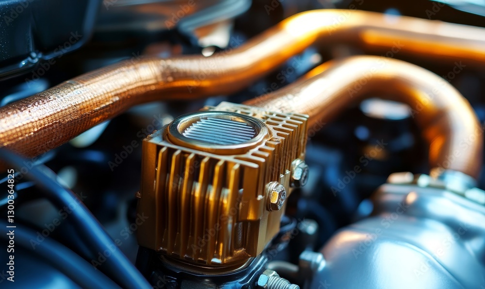 Poster gold engine components creating complex mechanical design.