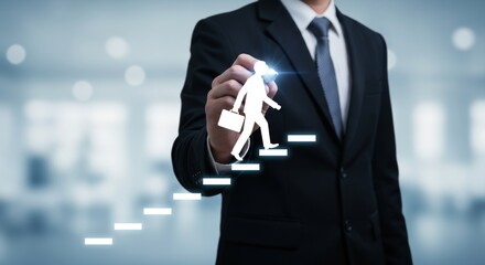 Strategic advancement illustrated: Businessman charting success with luminous steps