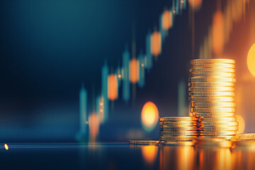 Conceptual finance background, a growing stack of gold coins next to a graph indicating upward trends