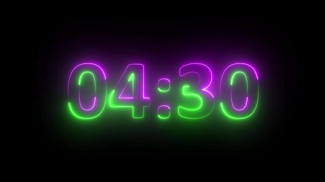 Animation of glowing neon 5 minute countdown timer .5 minute stopwatch , analog neon clock icon animation .