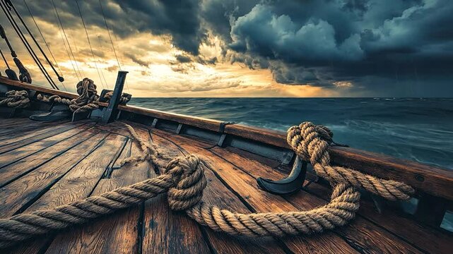 Wooden ship deck ropes stormy sea sunset