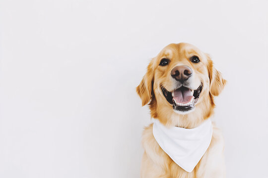 A cheerful dog wearing a white bandana, sitting against a clean white background, radiating joy and friendliness