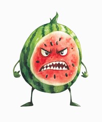 Fototapeta premium Watercolor cartoon illustration of an angry mad watermelon isolated on white background.