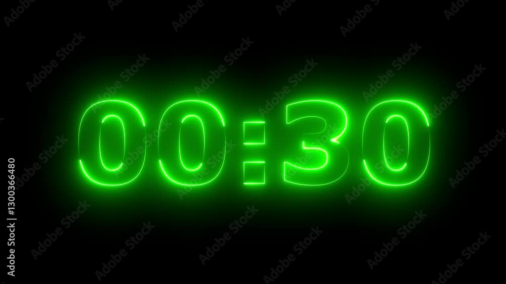 Poster animation of glowing neon 1 minute countdown timer .1 minute stopwatch , analog neon clock icon anim