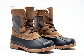 Tan suede winter boots with fur trim, isolated.