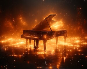 Piano glowing on reflective floor, space background