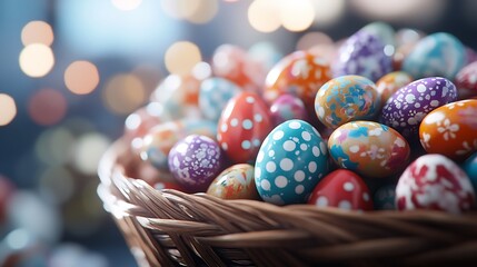 Fototapeta premium Colorful Decorated Easter Eggs in Wicker Basket