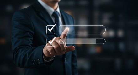 Businessman interacts with a digital interface displaying a progress bar and checkmarks