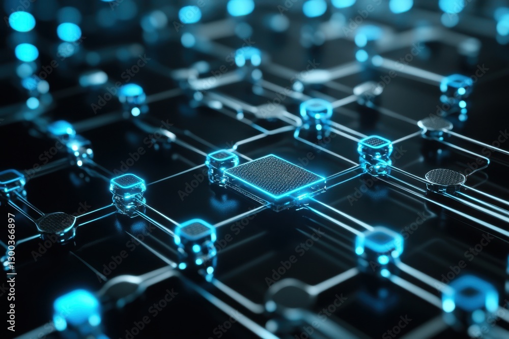 Poster high-tech circuit board with glowing blue elements representing advanced technology connections