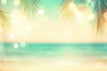 Tropical beach sunset, palm leaves frame, ocean bokeh background