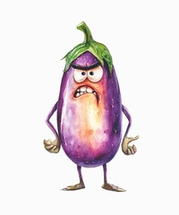 Watercolor cartoon illustration of an angry grumpy eggplant isolated on white background.
