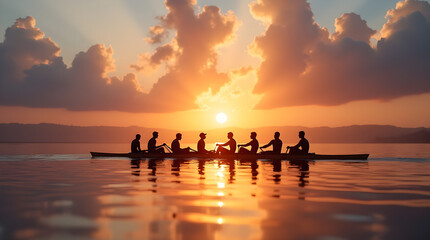 Breathtaking Dramatic Golden Hour Sunset Rowboat Team Silhouettes - Scenic Water Orange Sky Cloud Reflection Rowing