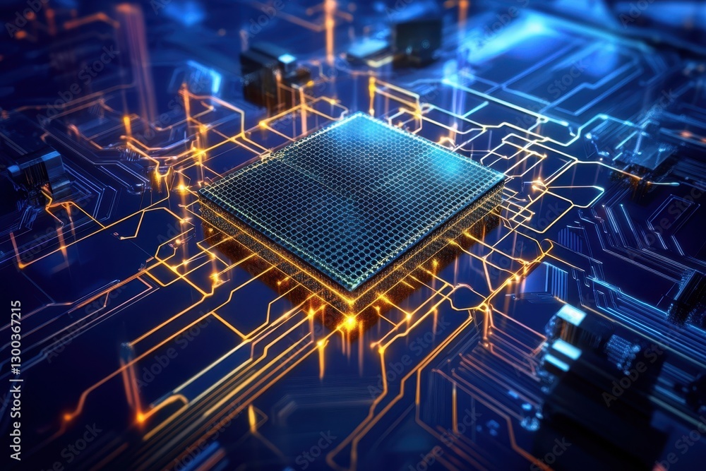 Poster advanced microprocessor chip glowing on a complex circuit board design
