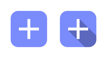 Add button icon on blue square. Plus sign symbol with long shadow