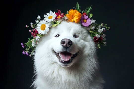 Professional studio artwork shot. Isolated dark red background, copy space, marketing visual idea. Cute adult dog french bulldog wearing feral flower crown on its head - symbol of sunny warm s.