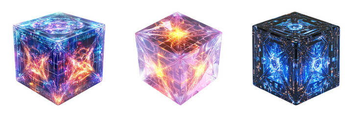 Set of A futuristic crystal energy cube glowing with intricate geometric patterns isolated on transparent background, in PNG format