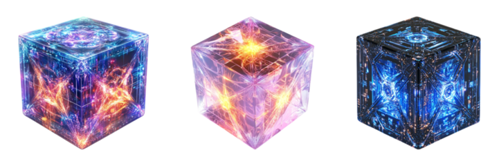 Set of A futuristic crystal energy cube glowing with intricate geometric patterns isolated on transparent background, in PNG format
