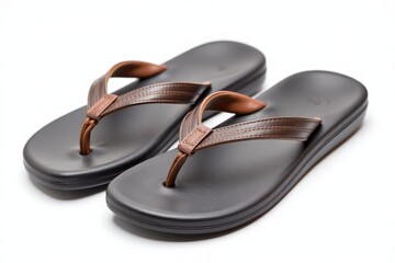 Tan leather children's sandals with buckle straps, isolated.