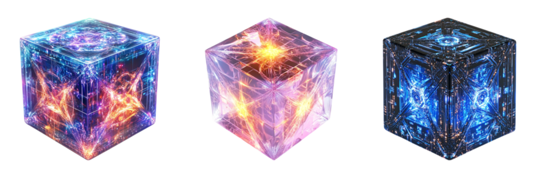 Set of A futuristic crystal energy cube glowing with intricate geometric patterns isolated on transparent background, in PNG format