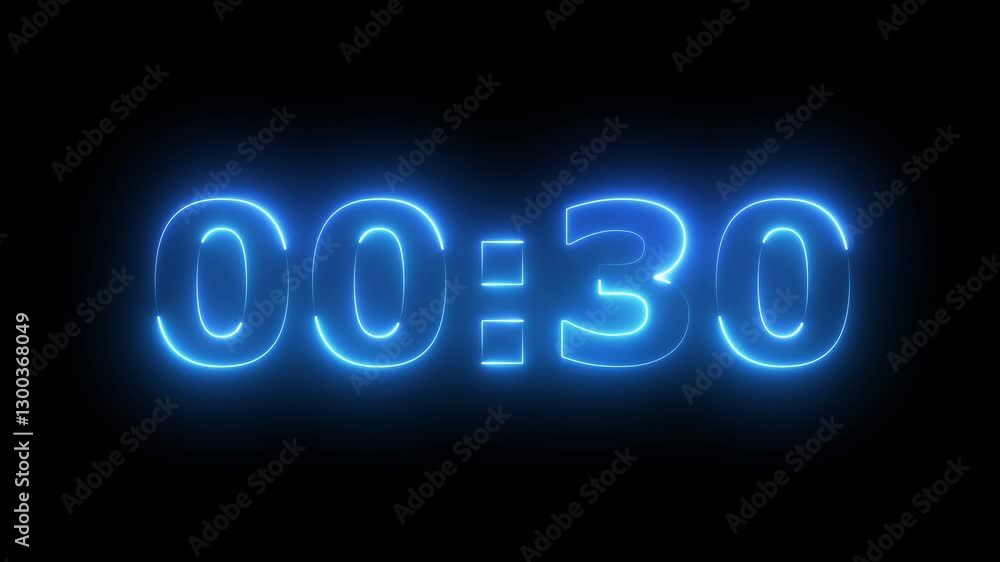 Poster animation of glowing neon 1 minute countdown timer .1 minute stopwatch , analog neon clock icon anim