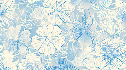 Fototapeta premium Elegant Blue and White Floral Pattern - Hand-Drawn Line Art Design
