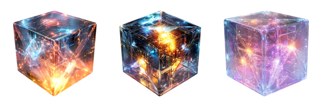 Set of A futuristic crystal energy cube glowing with intricate geometric patterns isolated on transparent background, in PNG format