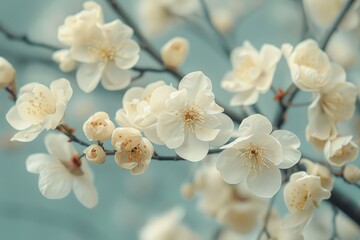 Floral background. Delicate white flowers set against a soft, gentle background. Spring blooming branch with flowers
