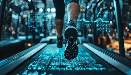 Person Running on Treadmill with Futuristic Data Visualization