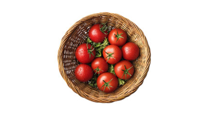 Overhead Shot of Fresh Red Tomatoes in Rustic Wicker Basket Perfect for Food Blogs Cookbooks and Culinary Websites
