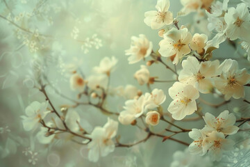 Floral background. Delicate background with subtle white floral patterns. Flowers smoothly merging with the soft background. blooming spring branch