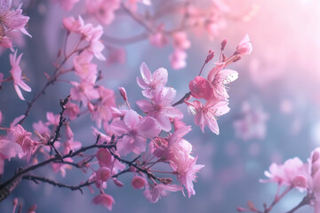 Fototapeta premium A serene and dreamy scene with delicate pink flowers on a branch against a soft pastel background. The background is blurred, which brings out the beauty of the flowers in the foreground.