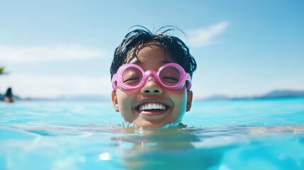 Naklejka premium Happy Child Wearing Goggles Enjoys Swimming in Pool