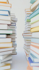 Stacks of colorful books arranged neatly on shelves creating a pathway in a bright and spacious library