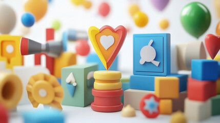 Colorful arrangement of playful shapes and symbols in a creative workspace showcasing imagination and design energy