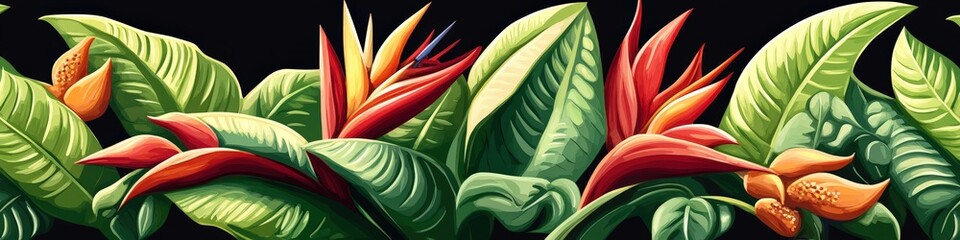 Obraz premium Tropical bird of paradise flowers, lush green leaves, dark background, seamless pattern, website design