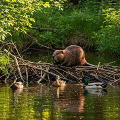 A beaver building a dam in a forest stream, while ducks swim calmly in the background