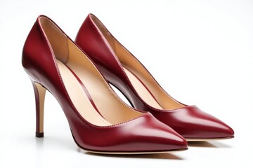 Red leather stiletto heel pumps, isolated on white.