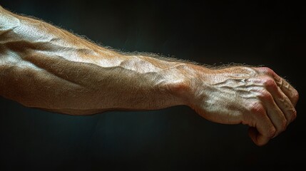 Fototapeta premium Brachioradialis detail during hammer curl, natural light, simple composition