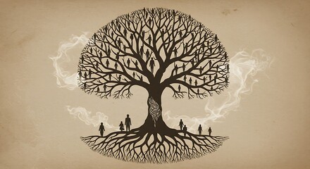 Abstract representation of a family tree, with roots and branches forming intricate patterns and figures
