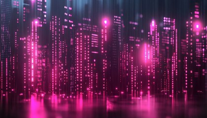 Futuristic Cityscape with Neon Lights and Abstract Data Streams