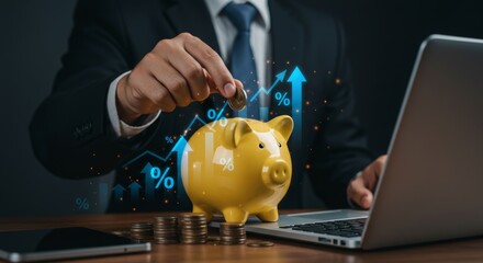Wealth generation concept shown with a businessman saving money in a piggy bank