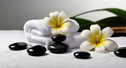 A serene spa arrangement featuring smooth stones, a delicate flower, a lit candle, and a neatly folded towel, creating a relaxing and luxurious atmosphere.