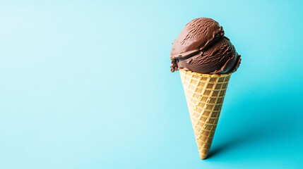 A delicious chocolate ice cream cone sits against a vibrant blue background, showcasing its rich texture and creamy delight.