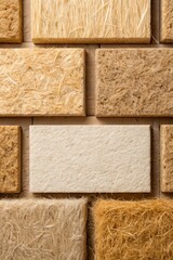 Fototapeta premium Natural fiber panels displayed on a surface, showing various textures and earthy tones.