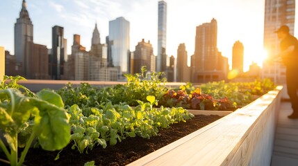 Fototapeta premium Urban Rooftop Garden at Sunset with City Skyline