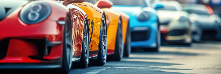 Luxury sports cars line up for a vibrant car meet on a sunny day at the local racetrack